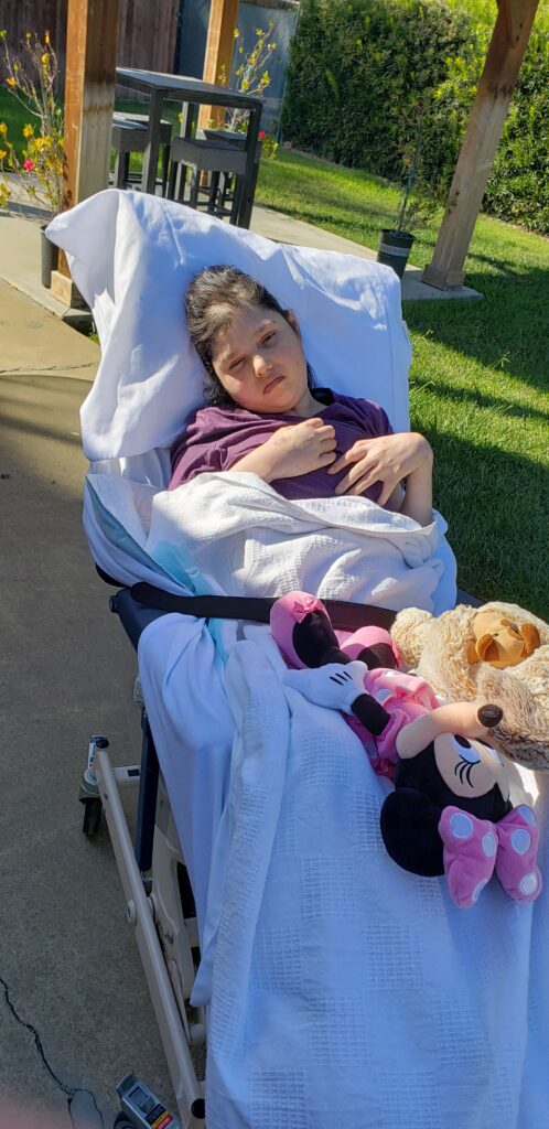 A little girl in a stroller with her teddy bear.